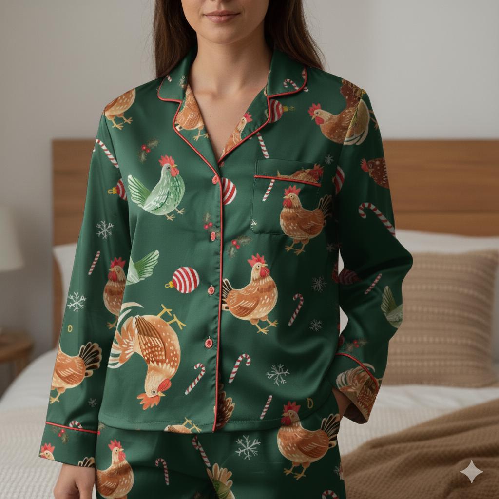 Christmas Chicken Satin Pajamas Set, Christmas Family Matching Pajama Set, Chicken Xmas Pajamas, Farmer Christmas Pajama, Merry Chickmas Pjs
