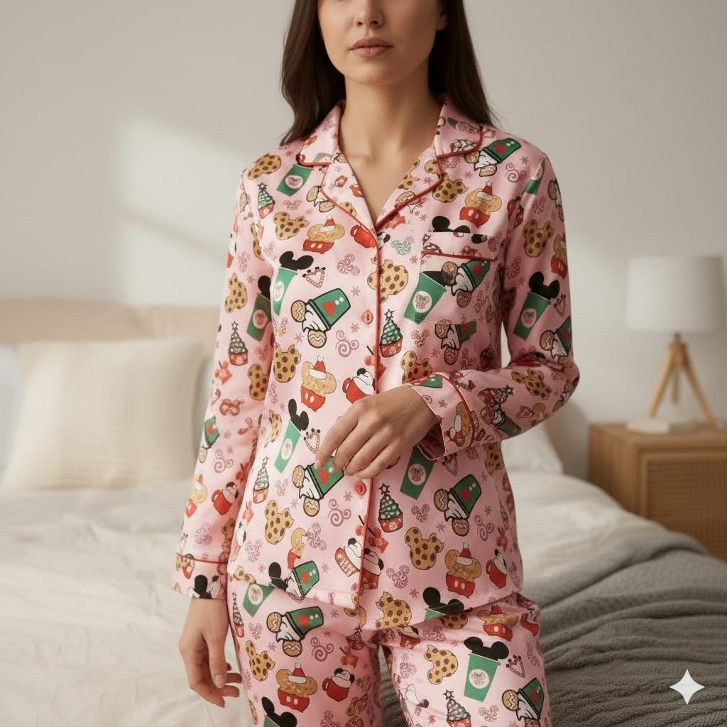 Disney Mickey Coffee Satin Pajama Set, Micky Mouse Christmas Drink Pajama, Disneyland Pjs, Disney Family Christmas Pajamas, Disney Christmas