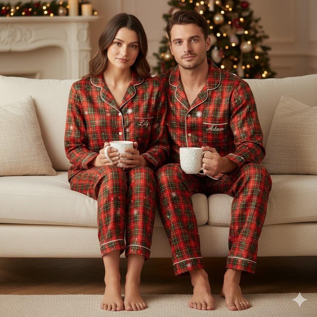 Personalized Name Family Matching Christmas Plaid Satin Pajamas Set, Family Xmas Pajamas, Family Matching Pajamas, Family Christmas Pajamas