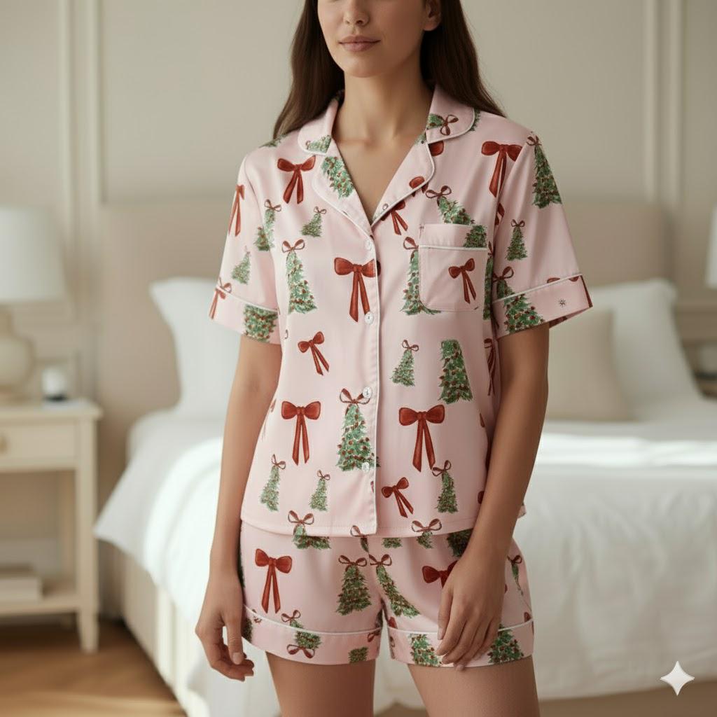 Coquette Bows Christmas Tree Satin Pajamas Set, Coquette Pajama, Cute Holiday Sleepwear, Xmas Family Matching Pjs, Festive Christmas Pajamas