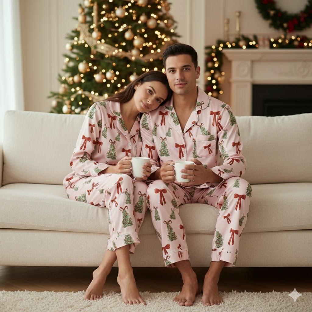 Coquette Bows Christmas Tree Satin Pajamas Set, Coquette Pajama, Cute Holiday Sleepwear, Xmas Family Matching Pjs, Festive Christmas Pajamas