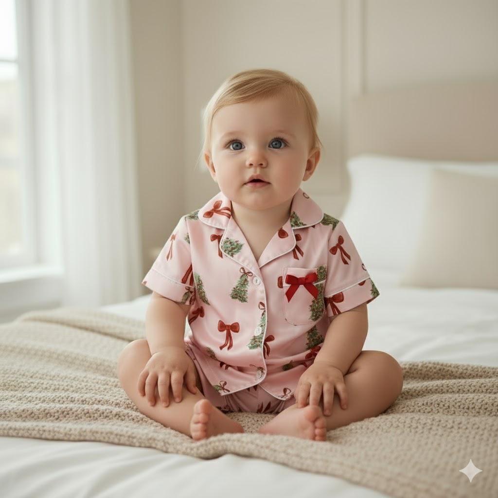 Coquette Bows Christmas Tree Satin Pajamas Set, Coquette Pajama, Cute Holiday Sleepwear, Xmas Family Matching Pjs, Festive Christmas Pajamas