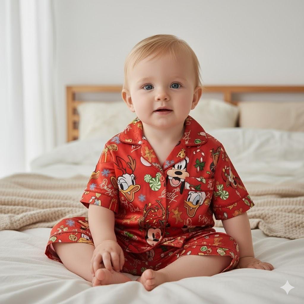 Disney Mickey and Friends Christmas Satin Pajama Set, Mickey Mouse And Friends Signature Christmas Pjs, Mickey's Very Merry Christmas Party