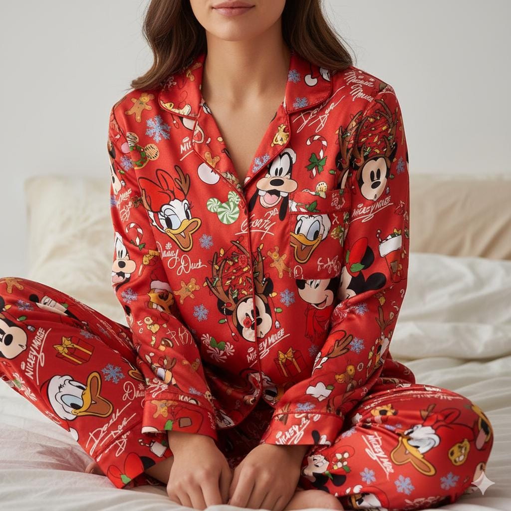 Disney Mickey and Friends Christmas Satin Pajama Set, Mickey Mouse And Friends Signature Christmas Pjs, Mickey's Very Merry Christmas Party