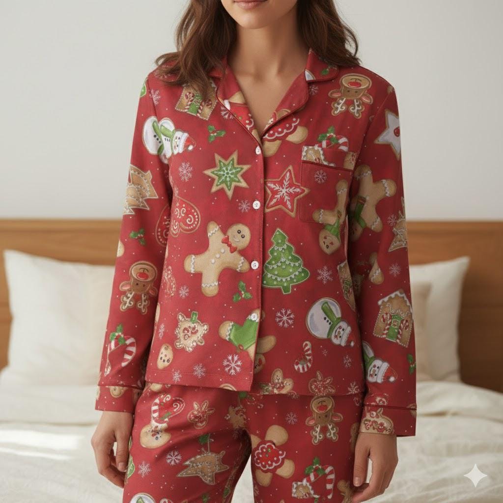 Red Christmas Baking With Gingerbread Cookies Snowman Satin Pajama Set, Gingerbread Pajamas, Xmas Pajamas, Family Matching Christmas Pajamas