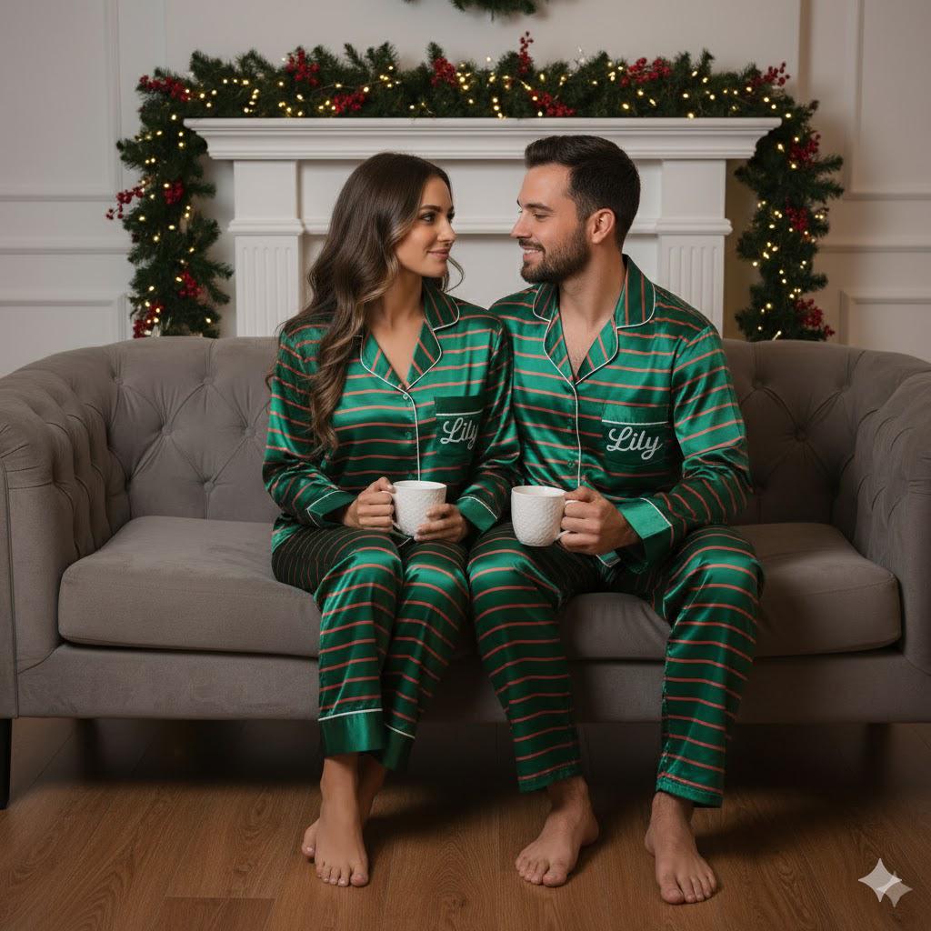 Personalized Name Family Green Red Striped Satin Pajamas Set, Christmas Pajamas, Family Matching Xmas Pajamas, Family Christmas Pajamas