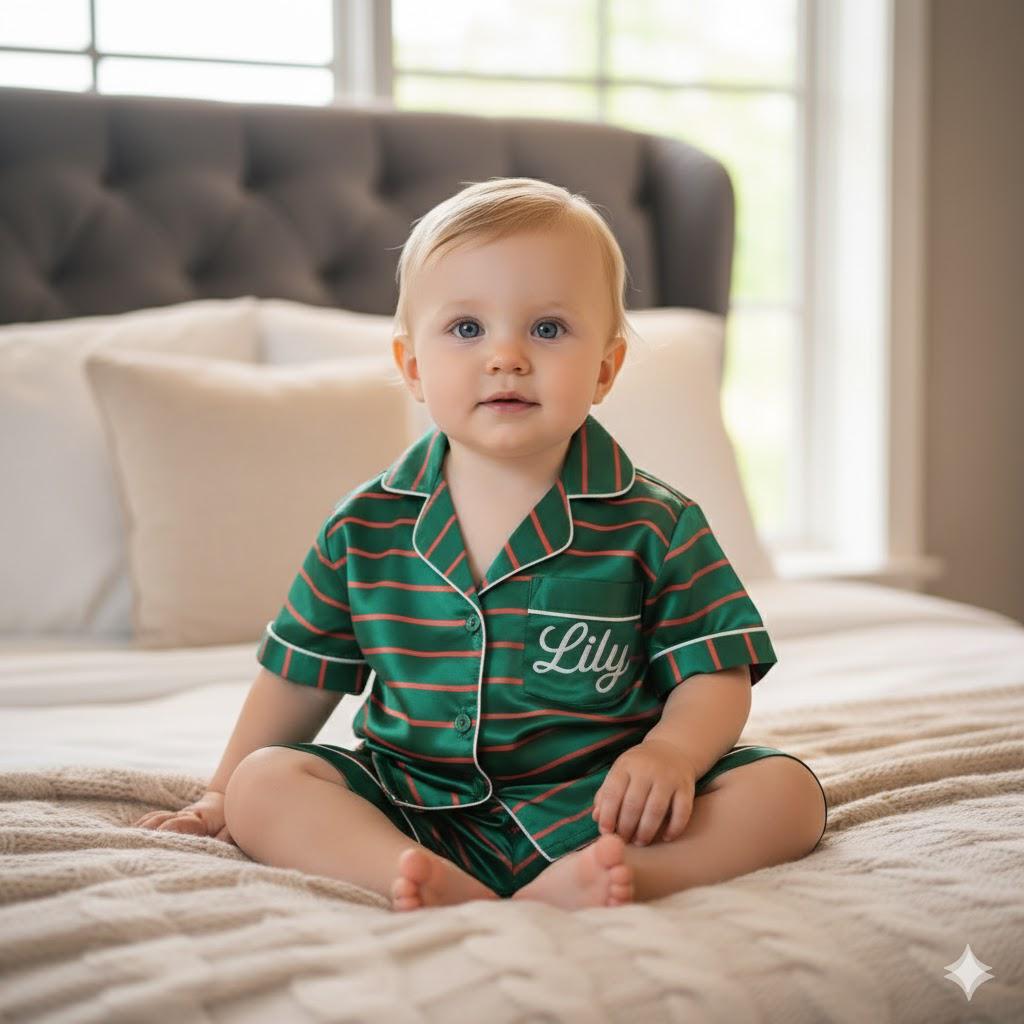 Personalized Name Family Green Red Striped Satin Pajamas Set, Christmas Pajamas, Family Matching Xmas Pajamas, Family Christmas Pajamas