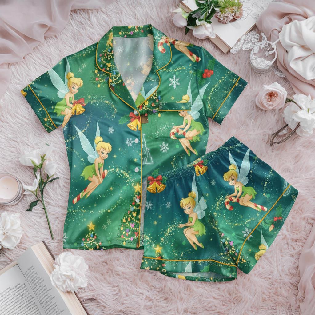 Disney Tinker Bell Christmas Satin Pajamas Set, Disney Fairytale Pjs, Disneyland Fairy Magical Movie Cartoon Pajamas, Tinker Bell Sleepwear