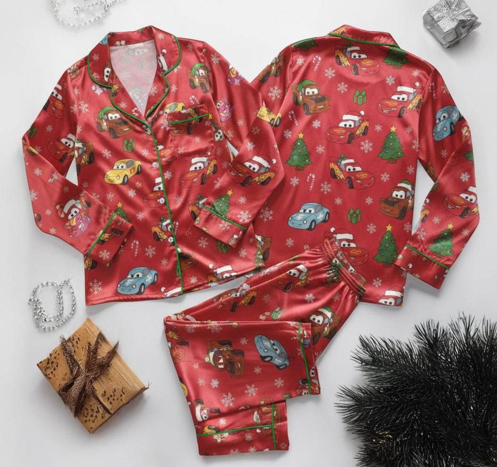 Disney Cars Christmas Satin Pajamas Set, Cute Radiator Springs Christmas Sleepwear, Disney Pixar Cars Holiday Family Matching Pajamas