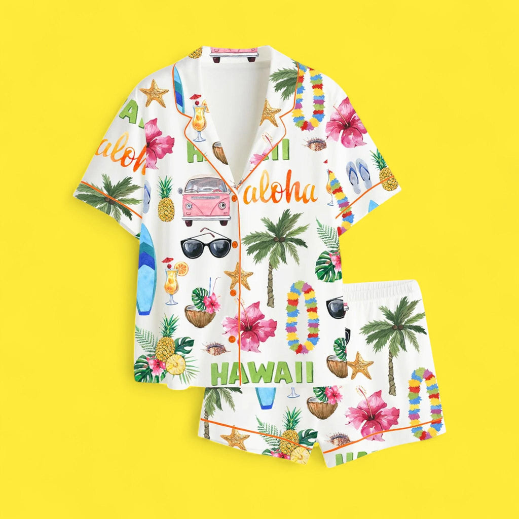 Aloha Pajama Set, Tropical Hibiscus Print Sleepwear, Women's Floral Beach Loungewear PJs Gift