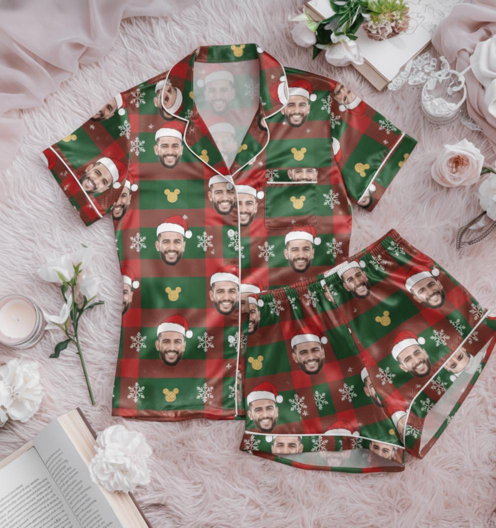 Custom Face Christmas Satin Pajamas Set, Personalized Photo Pajamas, Photo and Face Pajamas, Family Matching Holiday Pajamas, Family Pajamas