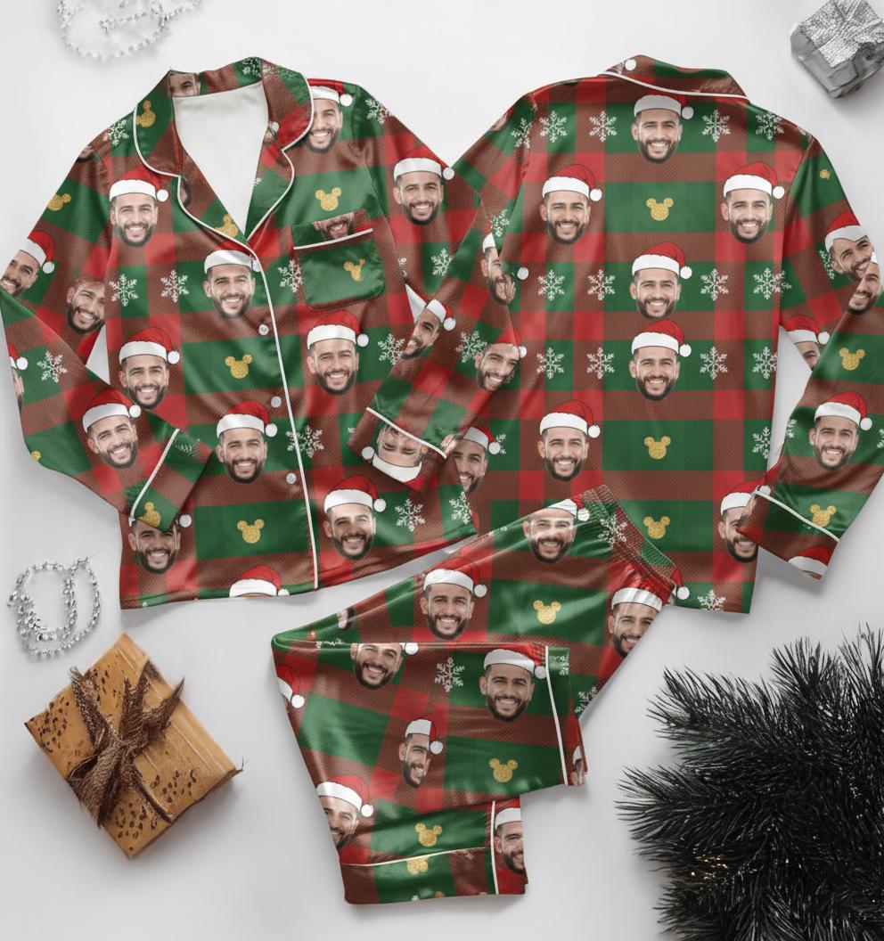 Custom Face Christmas Satin Pajamas Set, Personalized Photo Pajamas, Photo and Face Pajamas, Family Matching Holiday Pajamas, Family Pajamas