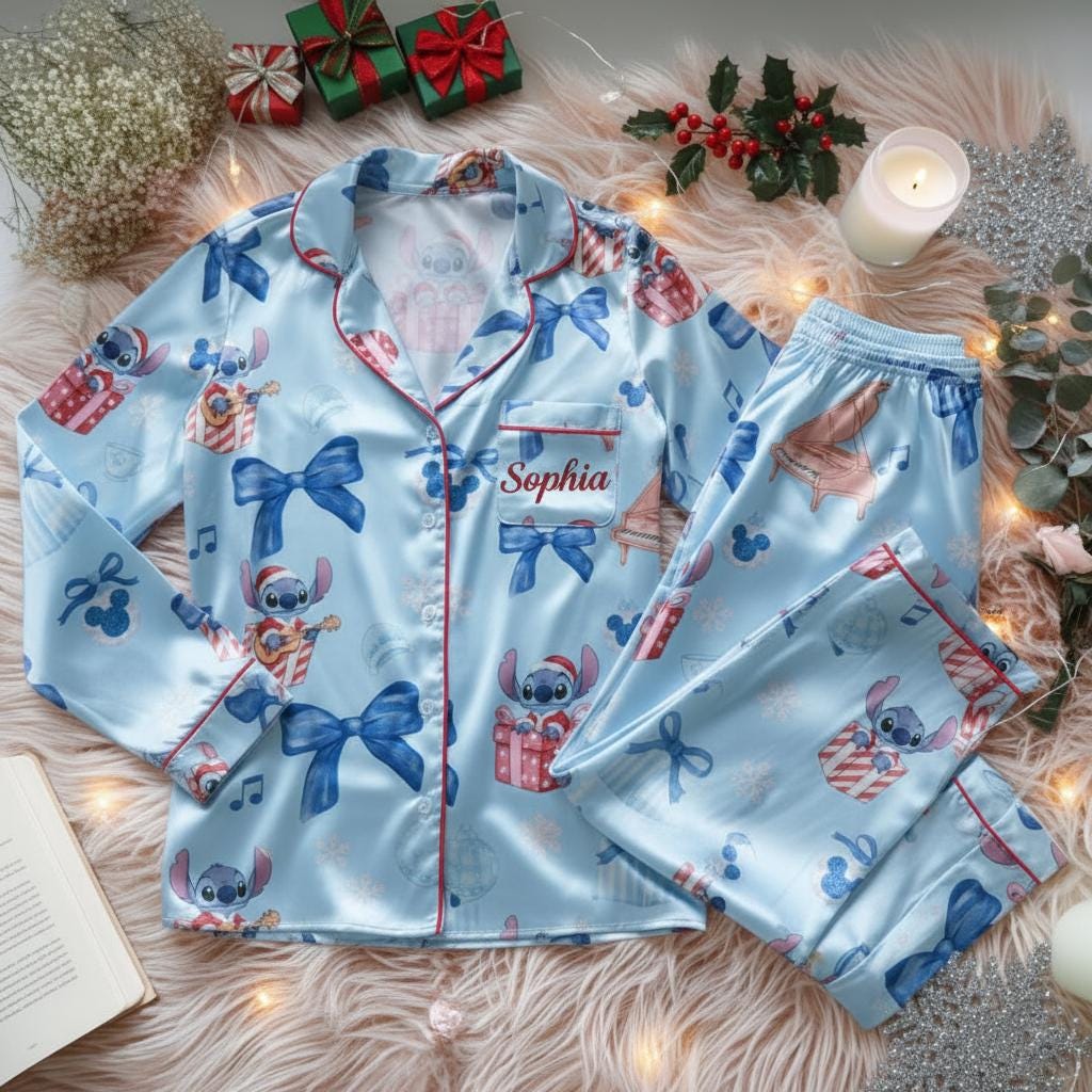 Cute Coquette Stitch Christmas Satin Pajamas Set, Disney Lilo And Stitch Matching Family Pajamas, Holiday Sleepwear, Disney Christmas pjs