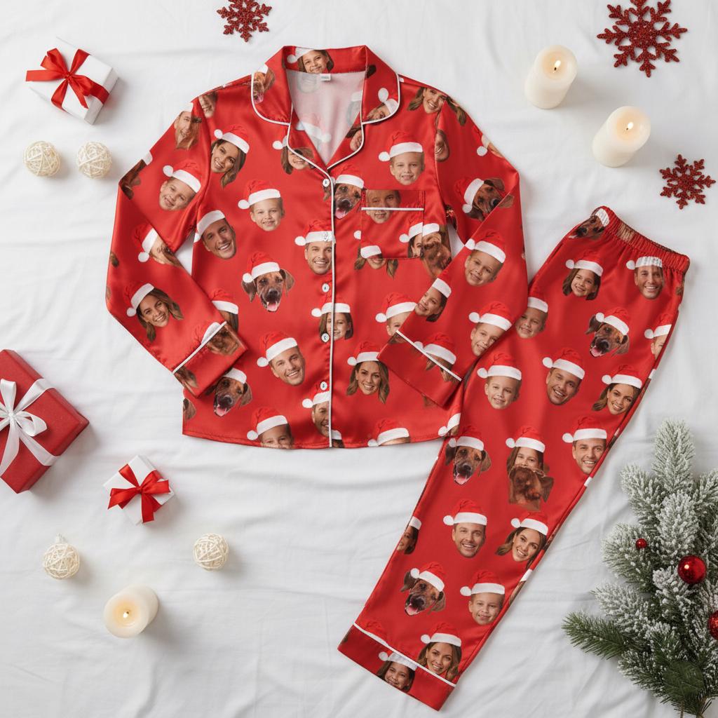 Custom Face Family Christmas Satin Pajamas Set, Personalized Photo Pajamas, Photo and Face Pajama, Family Matching Christmas Pajamas