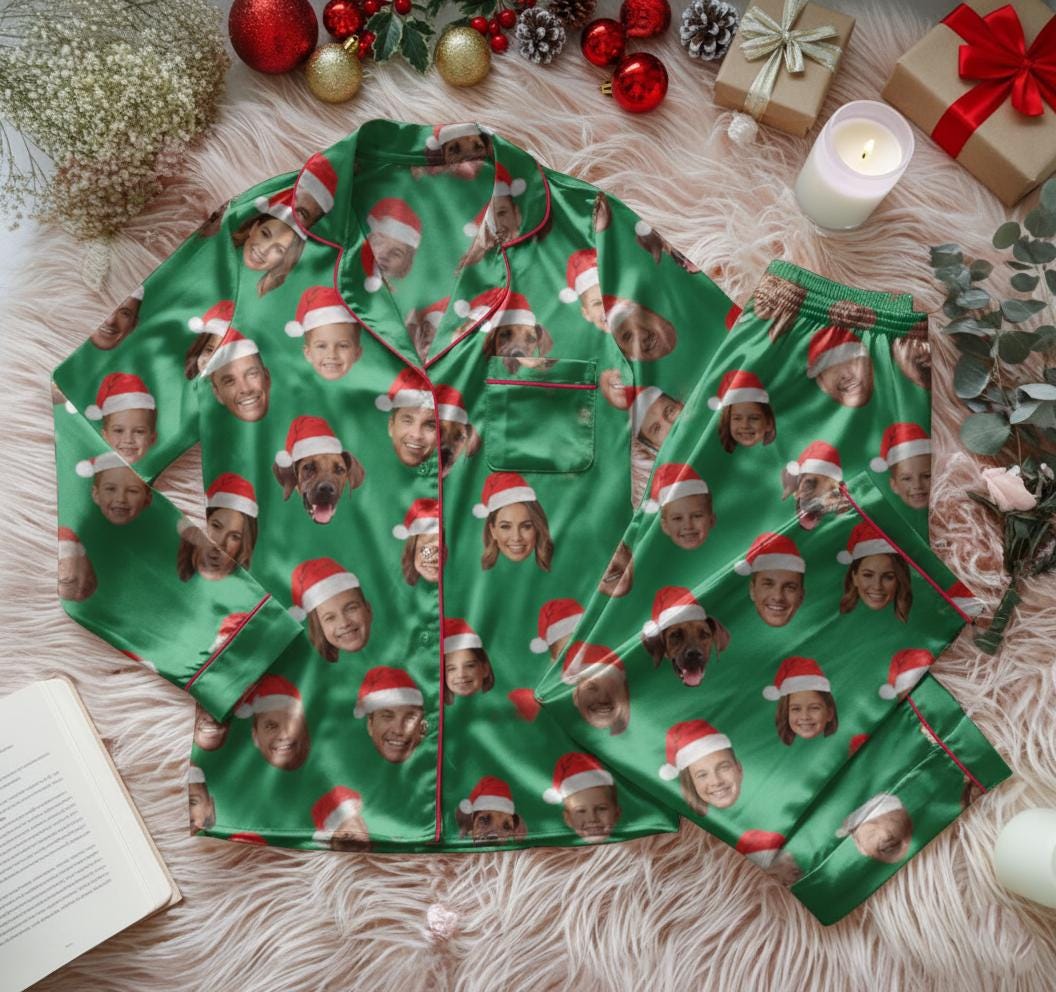 Custom Face Family Christmas Satin Pajamas Set, Personalized Photo Pajamas, Photo and Face Pajama, Family Matching Christmas Pajamas