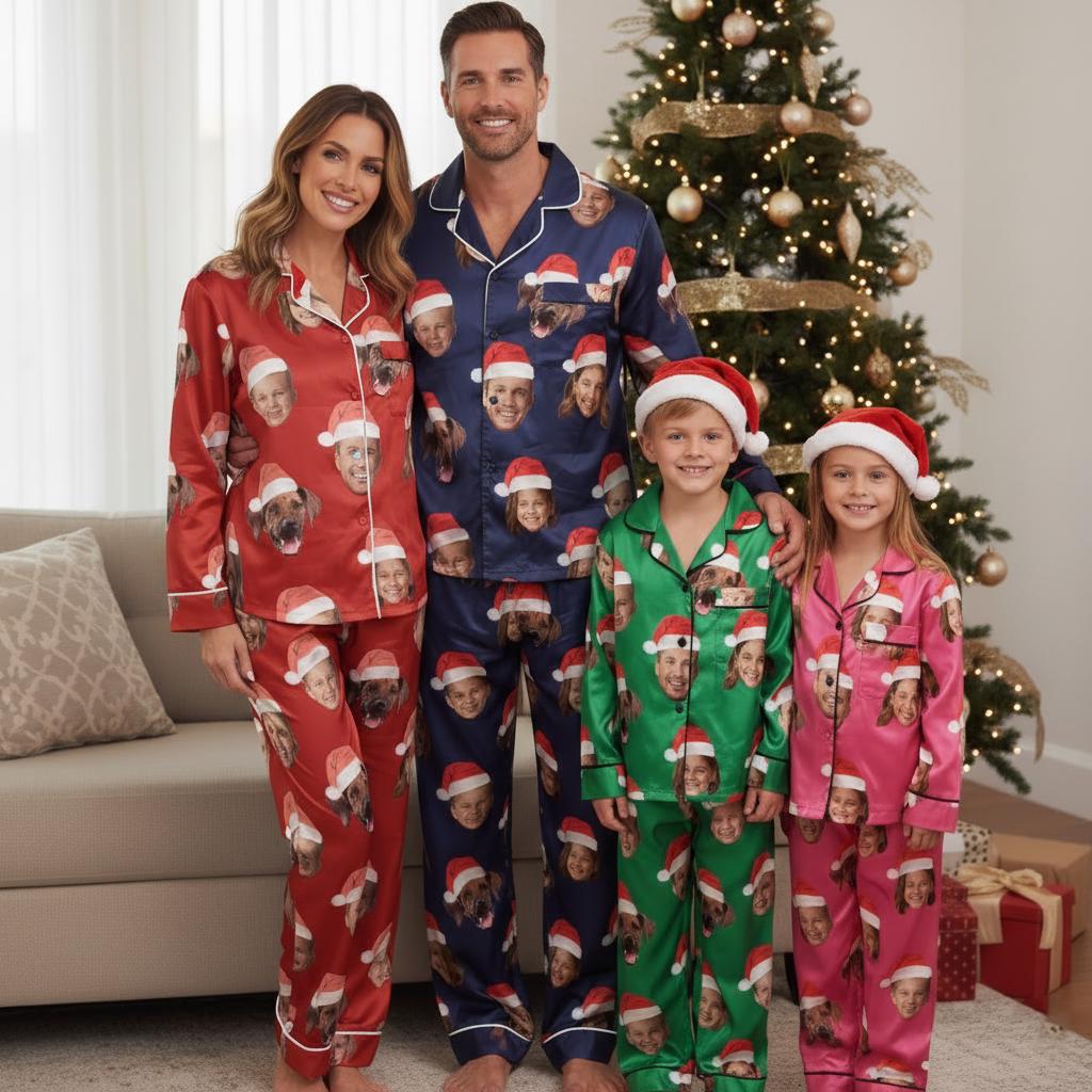 Custom Face Family Christmas Satin Pajamas Set, Personalized Photo Pajamas, Photo and Face Pajama, Family Matching Christmas Pajamas