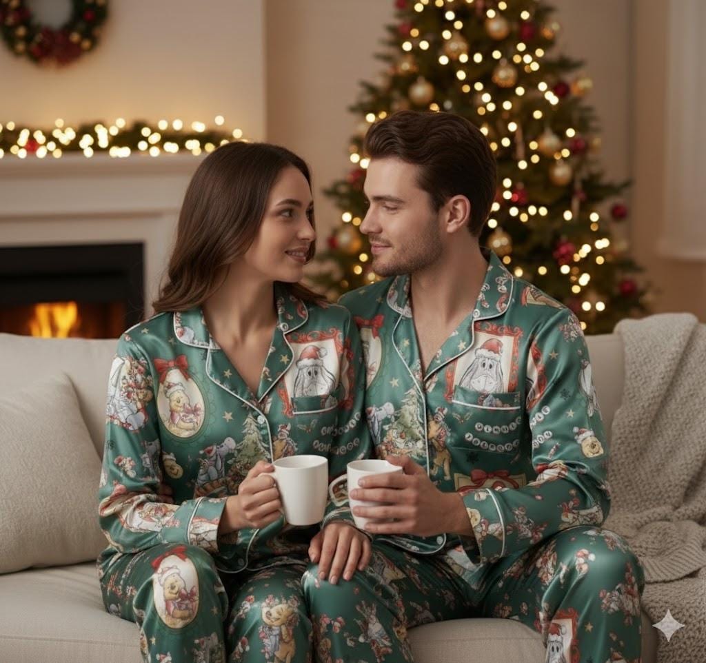 Coquette Disney Winnie The Pooh Christmas Satin Pajamas Set, Pooh And Friends Pajamas, Family Matching Pajamas, Disney Christmas Pajamas