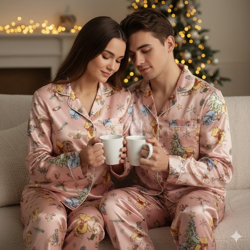 Vintage Disney Winnie The Pooh Christmas Satin Pajamas Set, Retro Pooh And Friends Pajama, Family Matching Pajamas, Disney Christmas Pajamas
