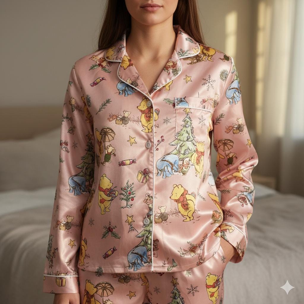 Vintage Disney Winnie The Pooh Christmas Satin Pajamas Set, Retro Pooh And Friends Pajama, Family Matching Pajamas, Disney Christmas Pajamas