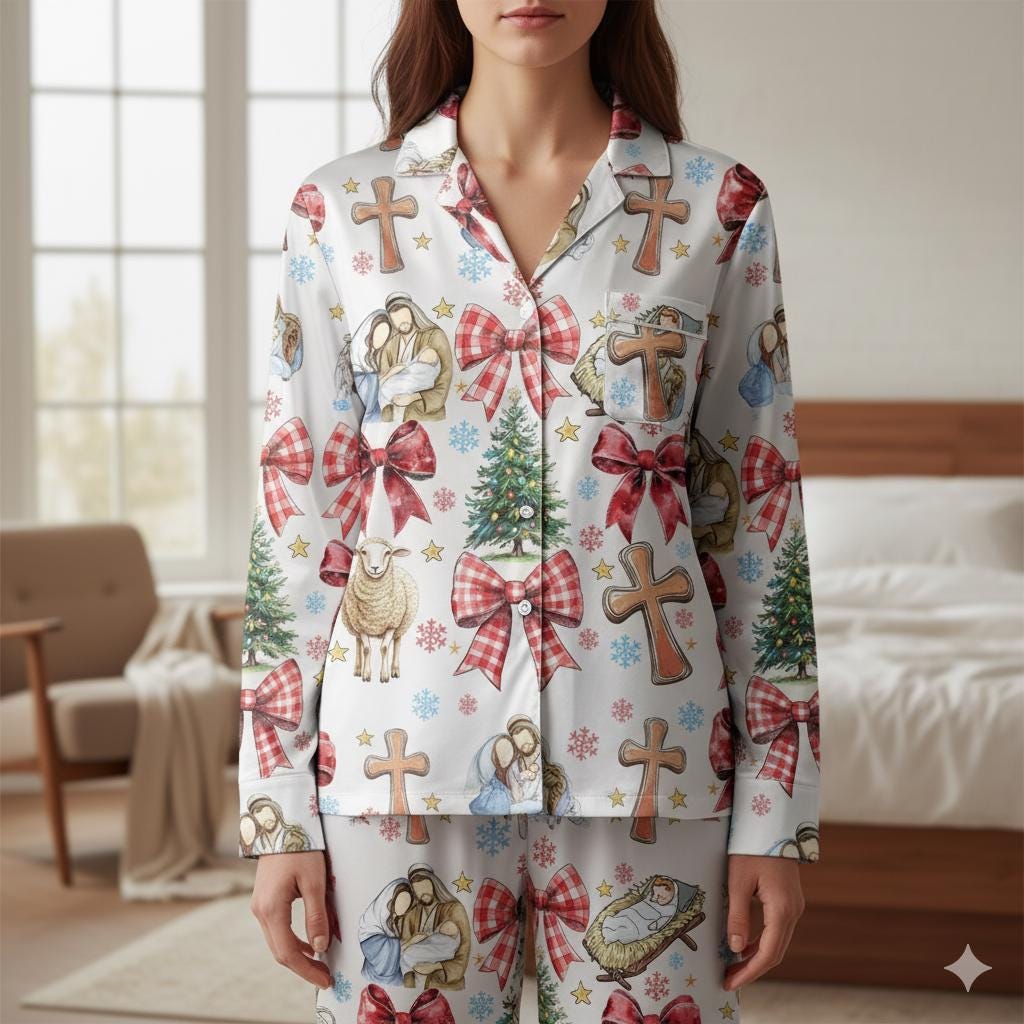 Coquette Nativity Scene Christmas Satin Pajamas Set, Family Matching Pajamas, Joy To The World, Oh Holy Night Pjs, Christian Religous Gift