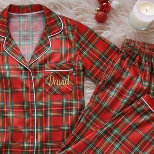 Custom Name Christmas Plaid Satin Pajamas Set, Personalized Pajamas, Christmas Pajamas, Family Matching Pajamas, Holiday Pjs, Couple Pajamas