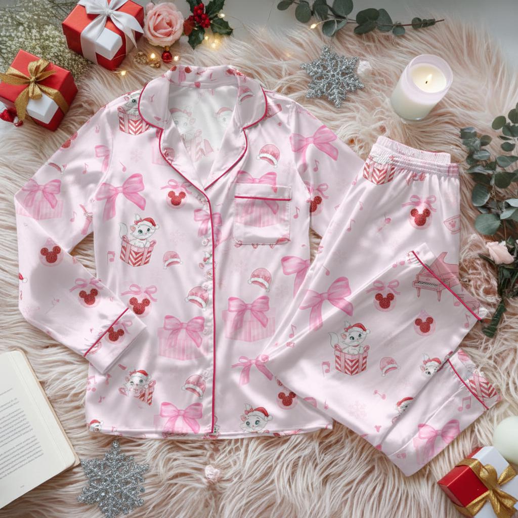 Coquette Bow Marie Cat Christmas Satin Pajamas Set, Marie The Aristocats Pijama Set, Disneyland Matching Pajamas, Girly Disney Sleepwear