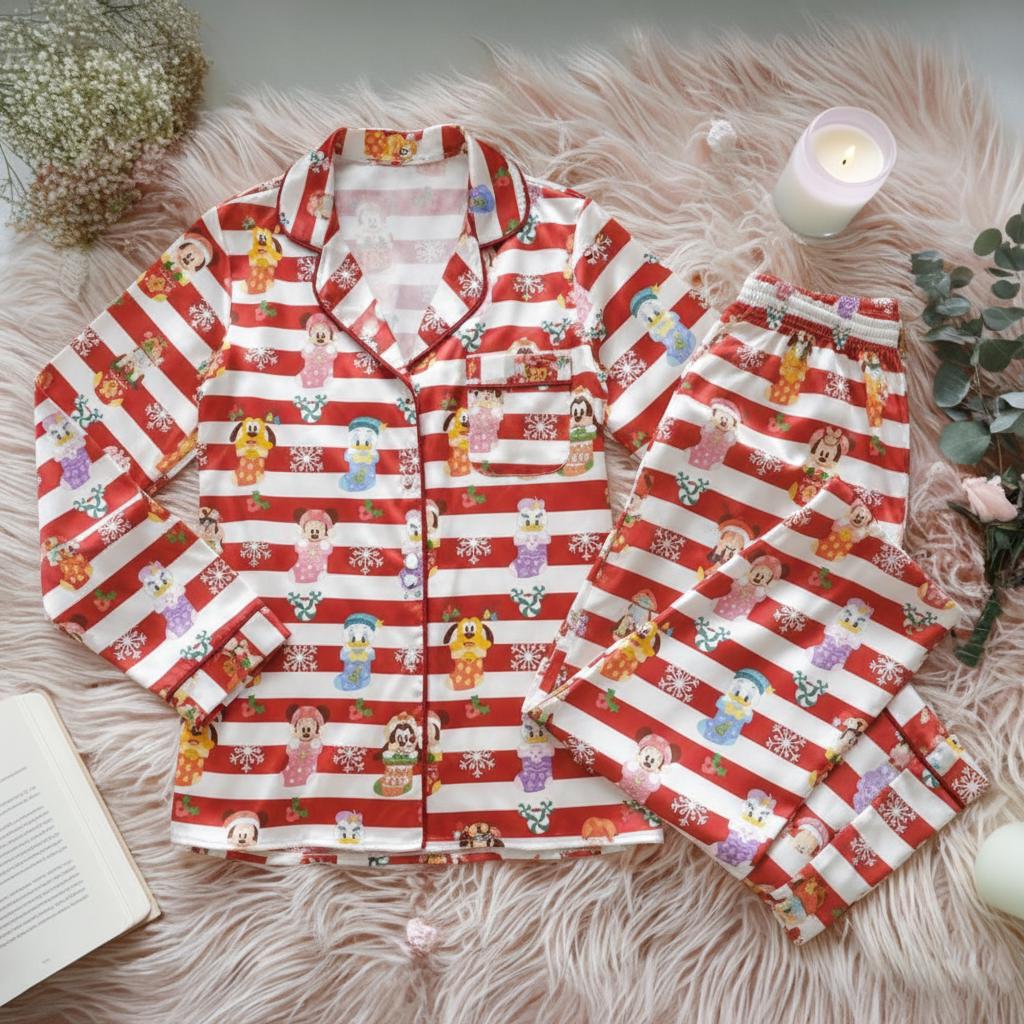 Mickey & Friends Christmas Satin Pajamas Set, Disney Very Merry Christmas Stockings Pjs, Disney Christmas Party Pajamas, Family Matching Pjs