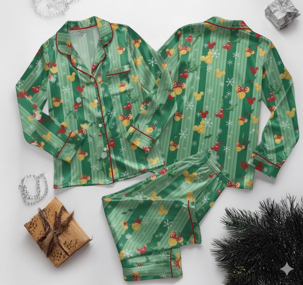 Mickey & Minnie Mouse Jingle Bells Satin Pajamas Set, Cozy Season Sleepwear, Mickey Christmas Heads Pajamas, WDW Cartoon Pajamas, Disney pjs
