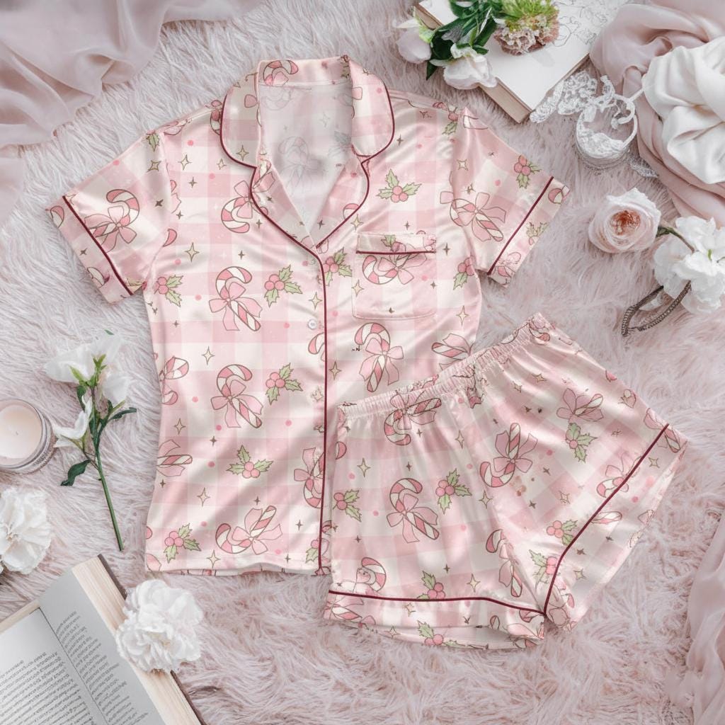 Candy Cane Christmas Print Satin Pajamas Set, Family Christmas Pajamas, Holiday Pajamas, Christmas Pajamas, Family Christmas Pjs