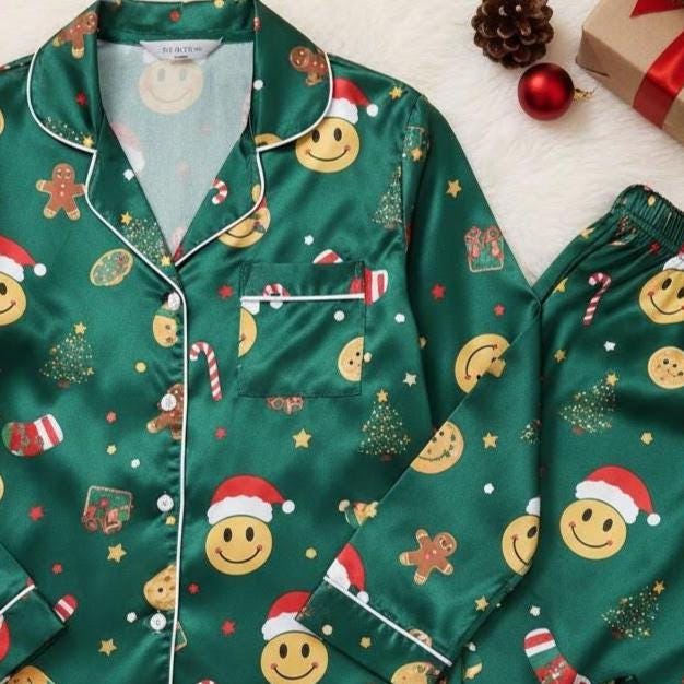 Christmas Smiley Face Satin Pajamas Set, Happy Christmas Pajamas Set, Christmas Sleepwear, Christmas pjs for Family, Christmas Gifts