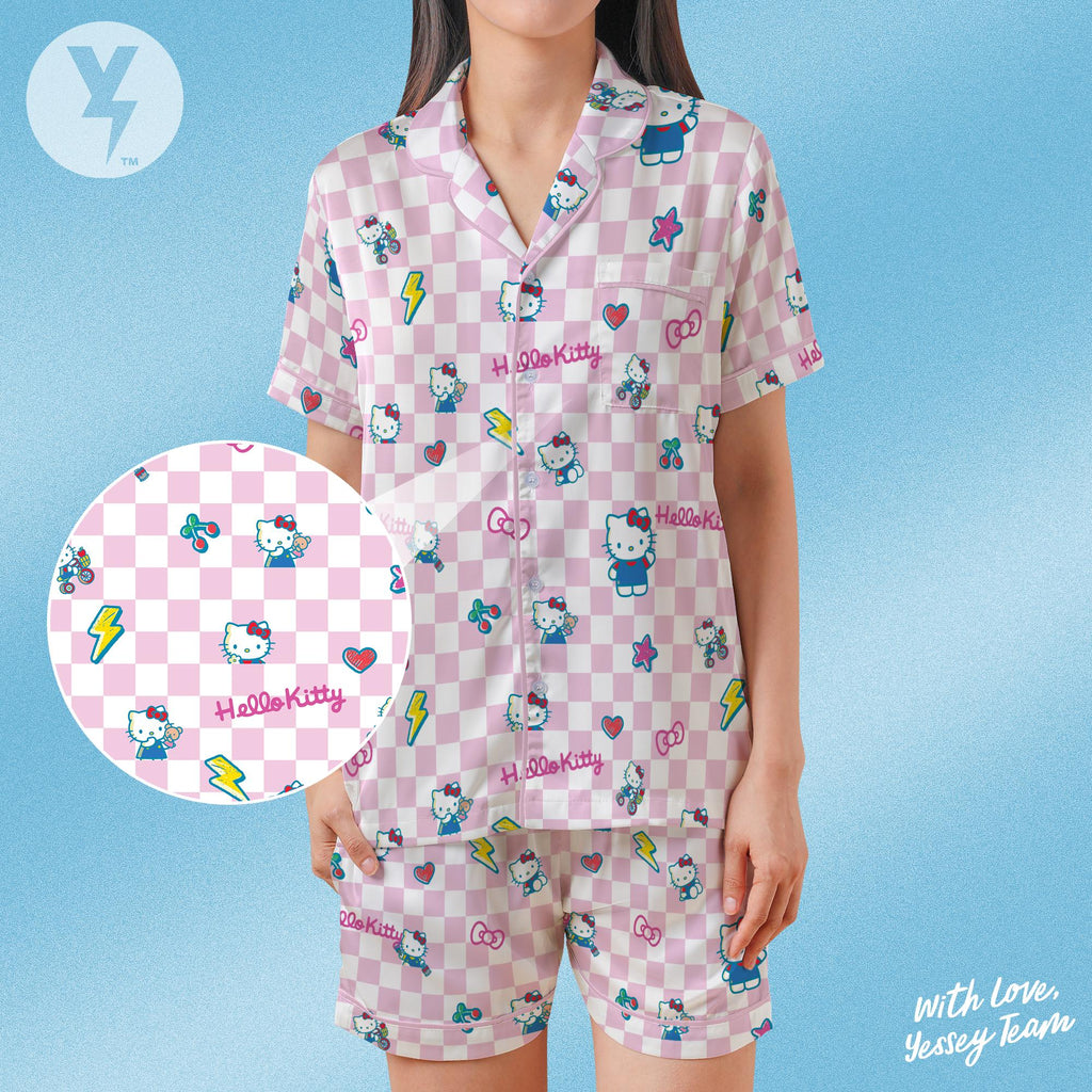 Hello Little Girl Kitten Pajamas Set, Japan Kawaii Sleepwear, Japan Character Shirt, Family Matching Pajamas shirt