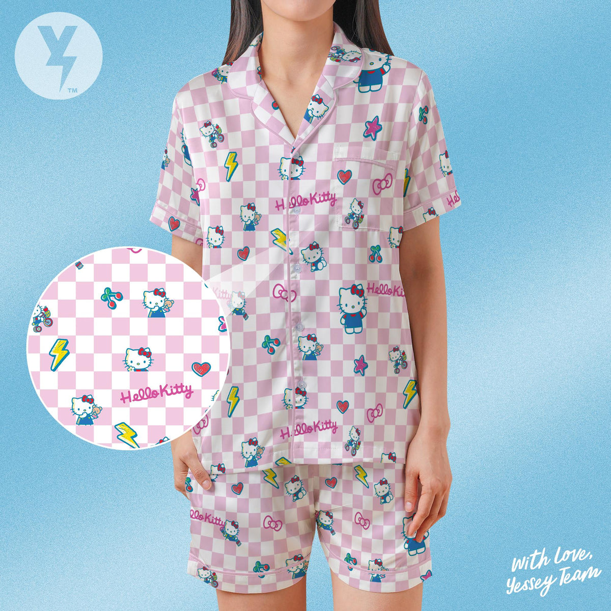 Hello Little Girl Kitten Pajamas Set, Japan Kawaii Sleepwear, Japan Character Shirt, Family Matching Pajamas shirt