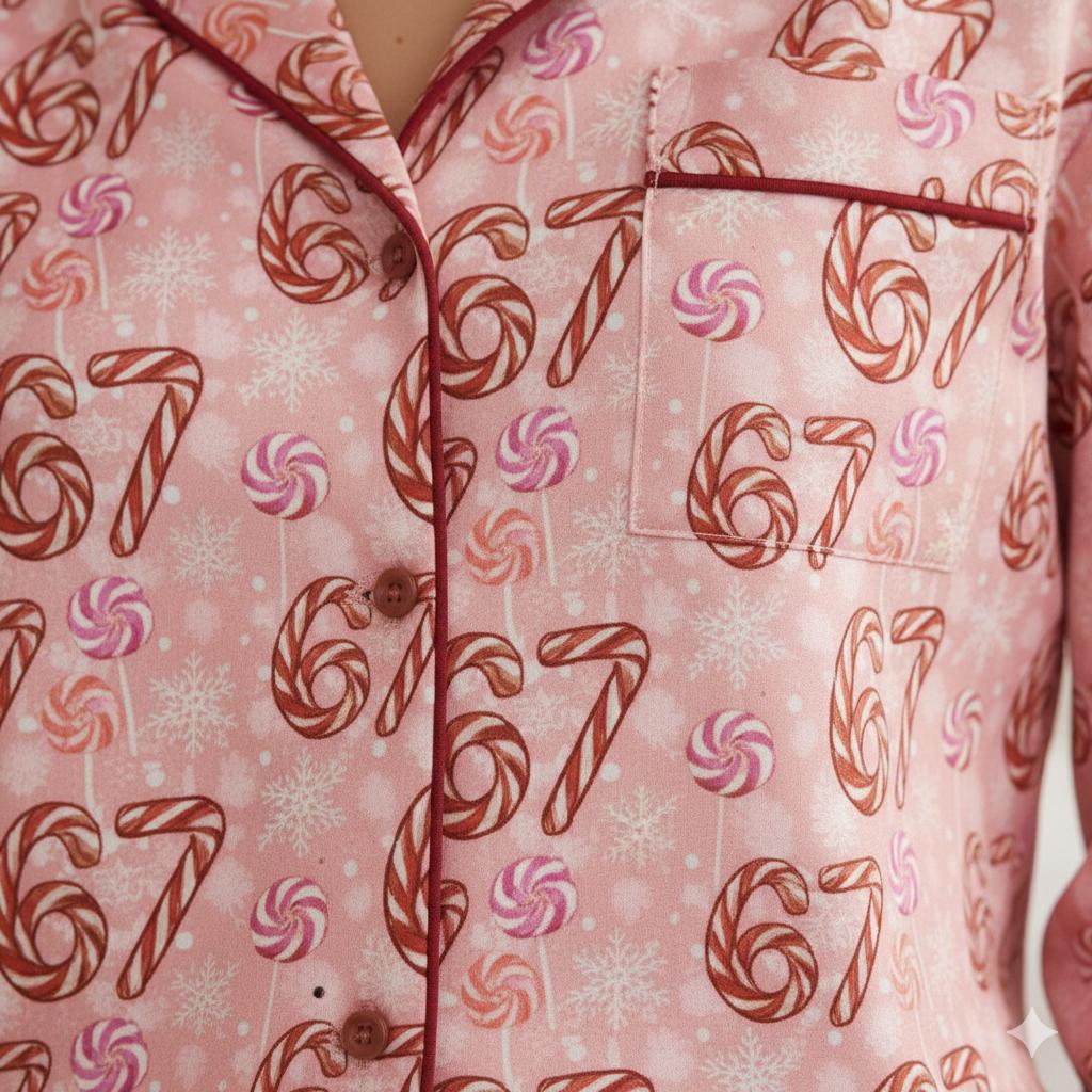 Funny 67 Candy Canes Christmas Satin Pajamas Set, Trendy Christmas Sleepwear, 6 7 Meme Holiday Pajama, Six Seven Pajama, Family Xmas Pajamas