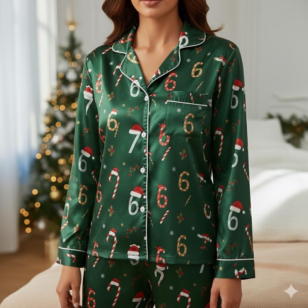 67 Candy Canes Christmas Satin Pajamas Set, Funny Six Seven Pajama, Trendy Christmas Sleepwear, 6 7 Meme Holiday Pajama, Family Xmas Pajamas