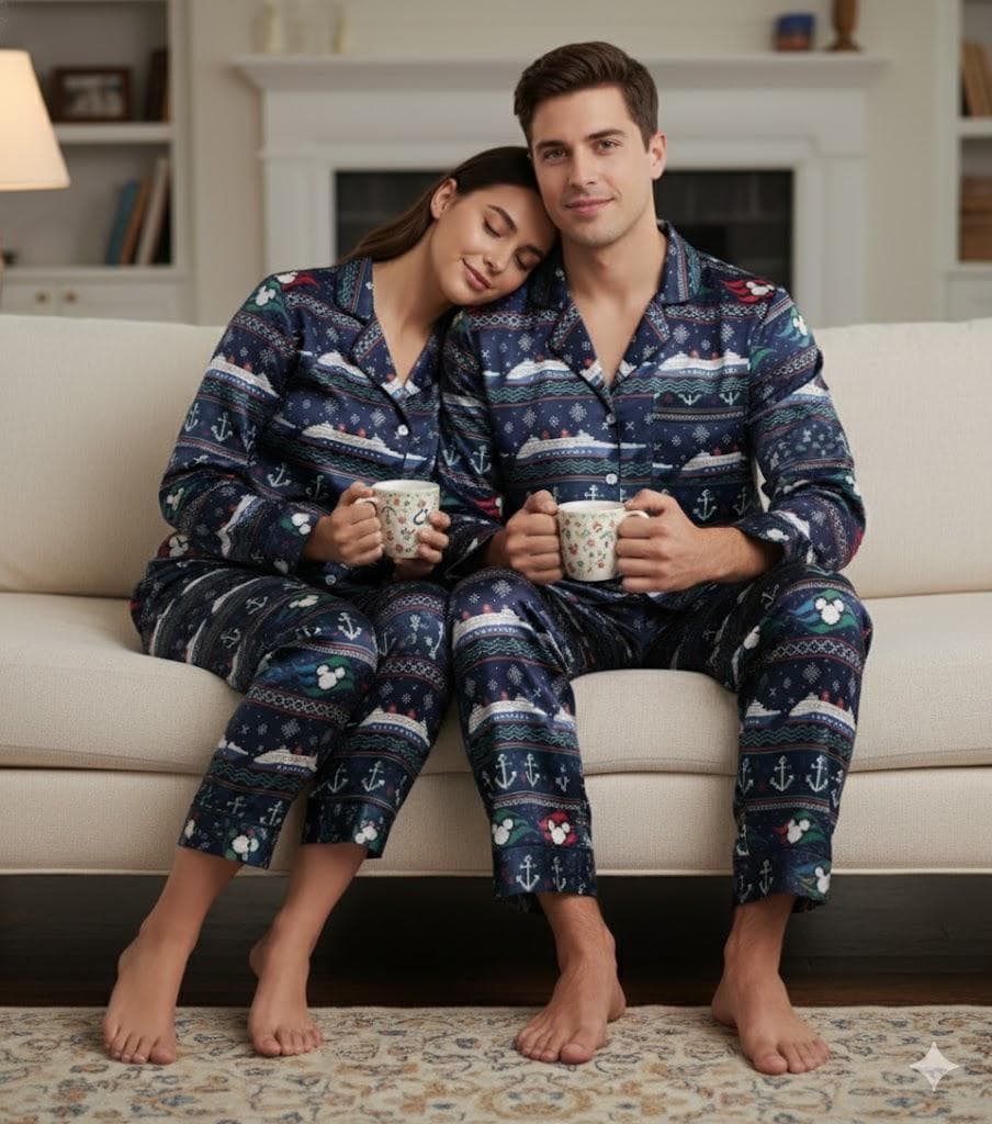 Disney Cruise Trip Scandinavian Pattern Satin Pajamas Set, Disney Cruise Ship Pajama Set, Disney Cruise Pjs, Disney Family Christmas Pajamas
