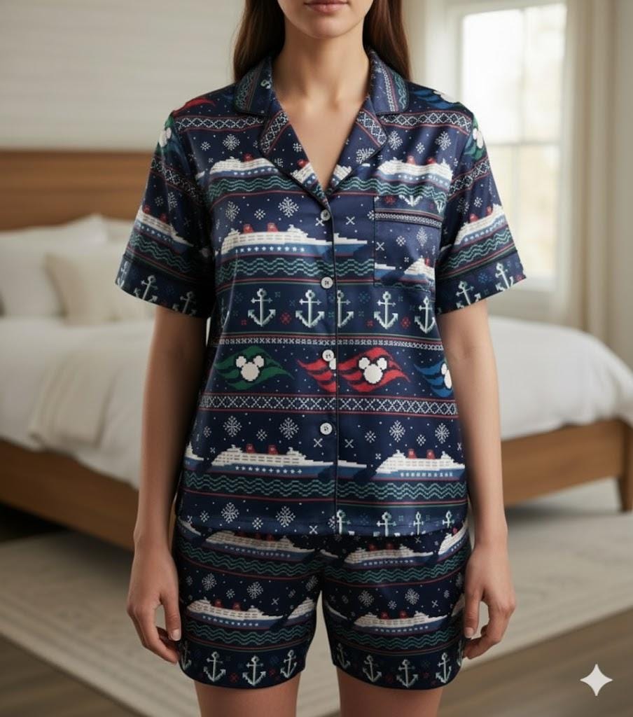 Disney Cruise Trip Scandinavian Pattern Satin Pajamas Set, Disney Cruise Ship Pajama Set, Disney Cruise Pjs, Disney Family Christmas Pajamas