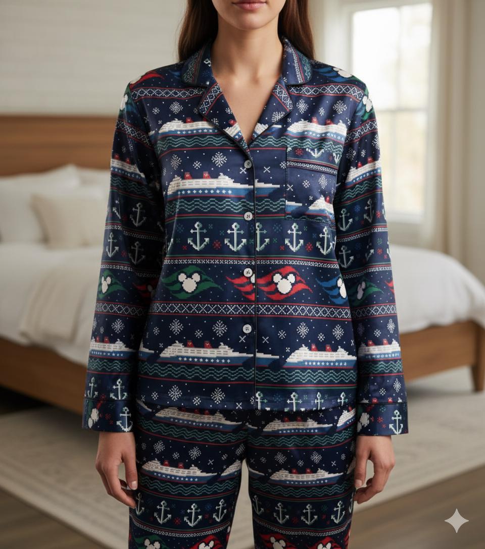 Disney Cruise Trip Scandinavian Pattern Satin Pajamas Set, Disney Cruise Ship Pajama Set, Disney Cruise Pjs, Disney Family Christmas Pajamas