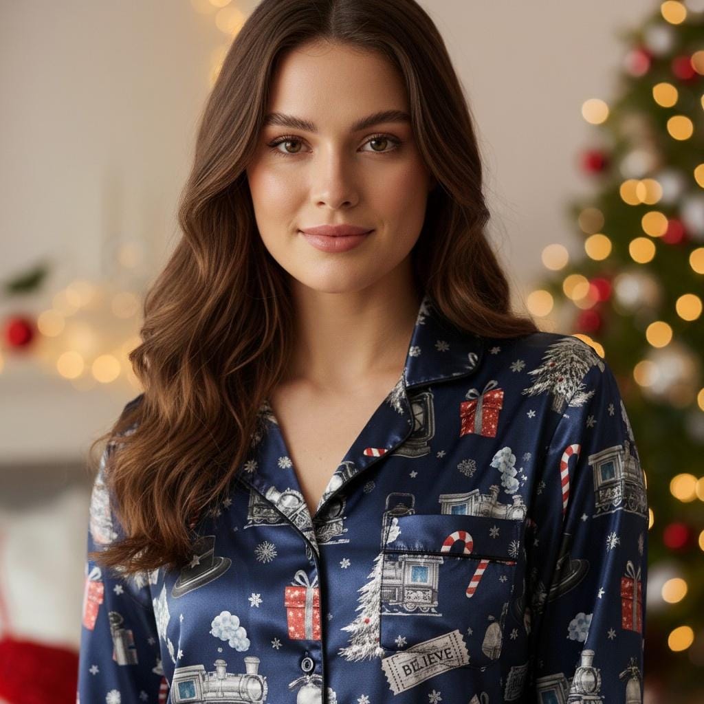 North Pole Po-lar Express Satin Pajamas Set, Po-lar Express Pajamas, Believe Train Xmas Sleepwear, Christmas Pajamas, Christmas Family Pjs