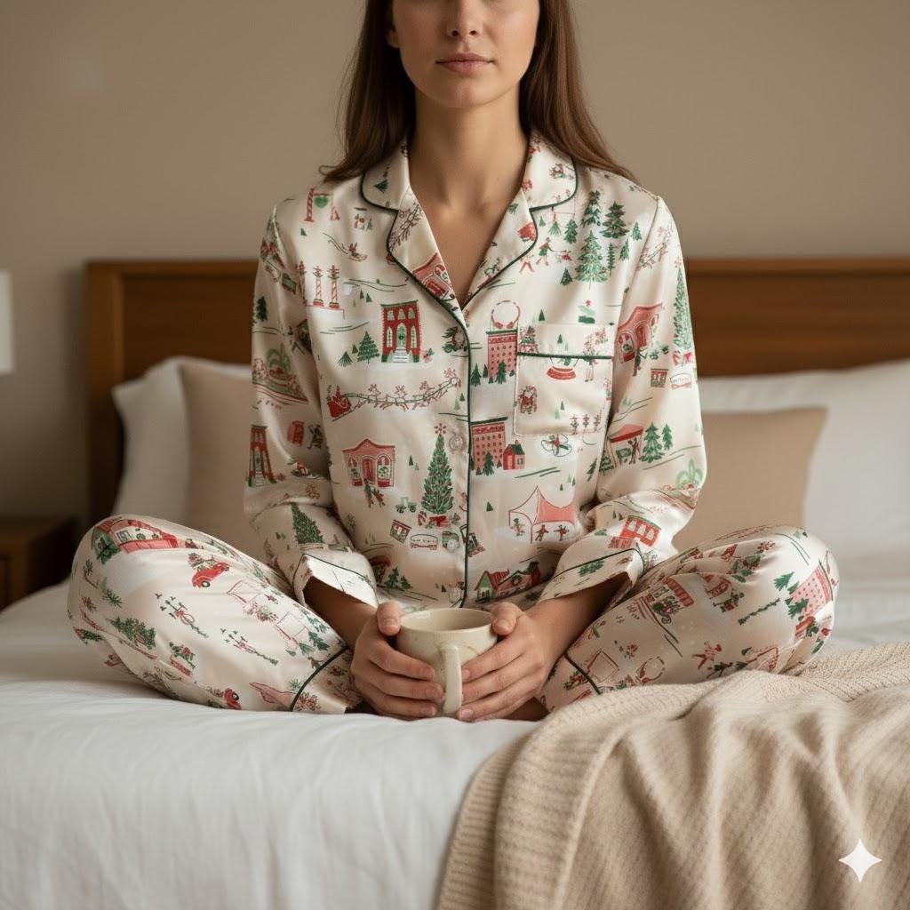 North Pole Village Express Satin Pajamas Set, Vinatge Christmas Pajamas, Santa Claus Xmas Sleepwear, Christmas Pajamas, Christmas Family Pjs