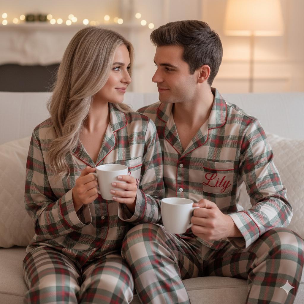 Personalized Name Family Christmas Matching Plaid Satin Pajamas Set, Family Xmas Pajamas, Family Matching Pajamas, Family Christmas Pajamas