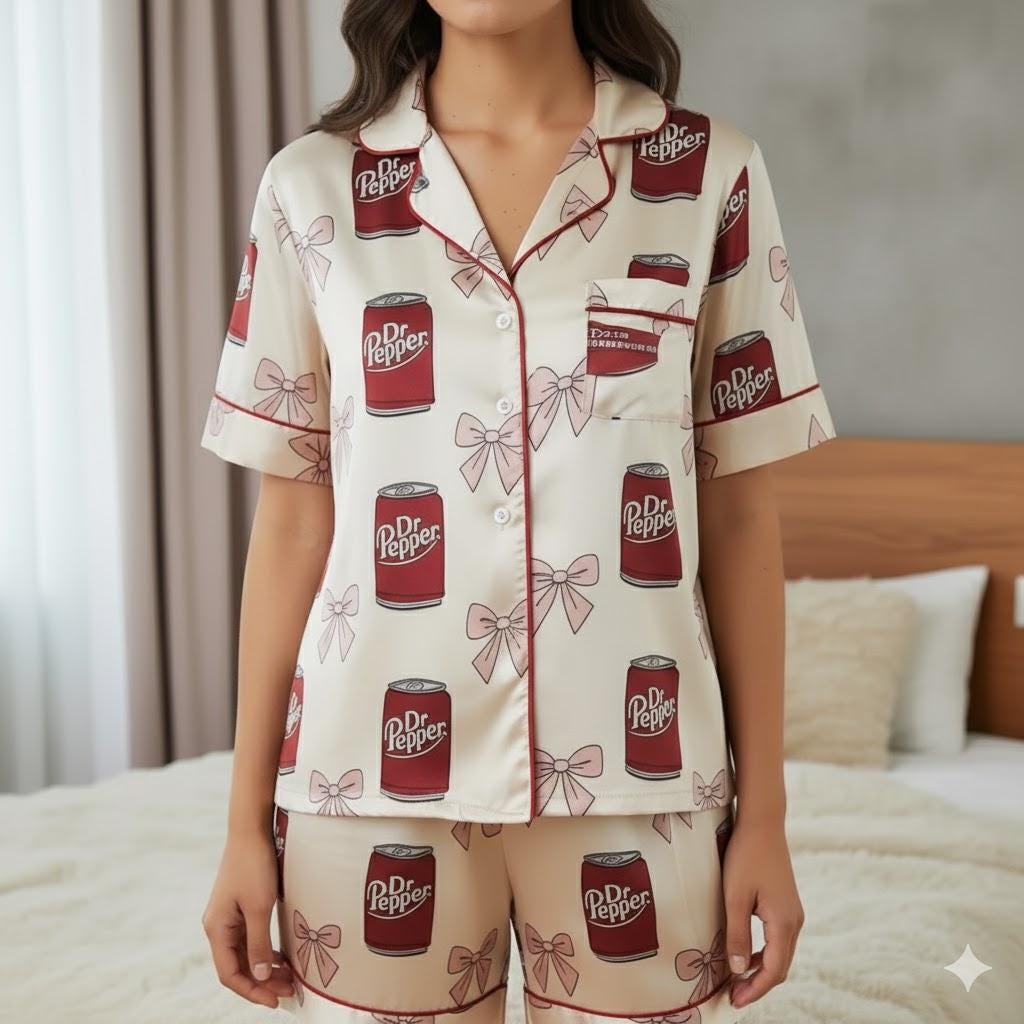 Coquette Dr Pepper Satin Pajamas Set, Dr Pepper Soda Lover Pajamas, Drinks Lover Loungewear, Diet Pepper Sleepwear, Gift for Dr Pepper Lover