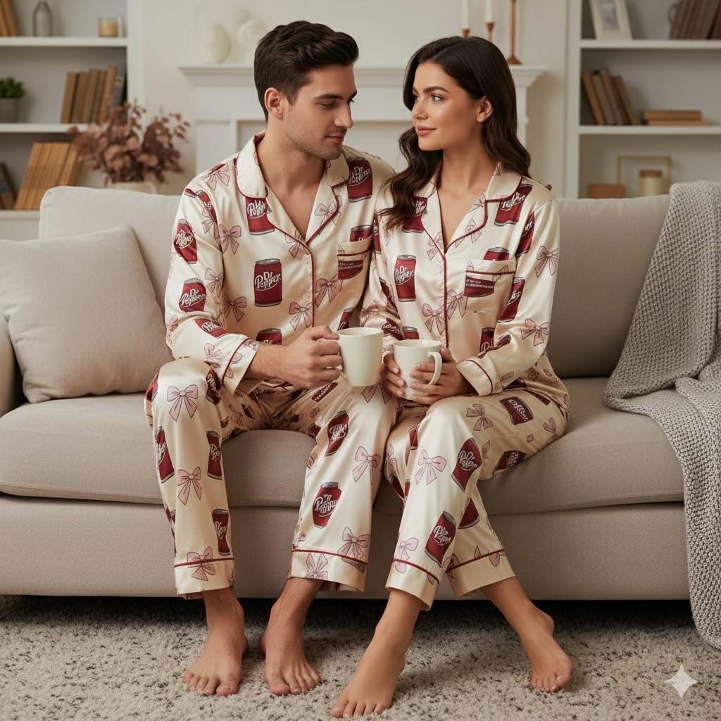 Coquette Dr Pepper Satin Pajamas Set, Dr Pepper Soda Lover Pajamas, Drinks Lover Loungewear, Diet Pepper Sleepwear, Gift for Dr Pepper Lover
