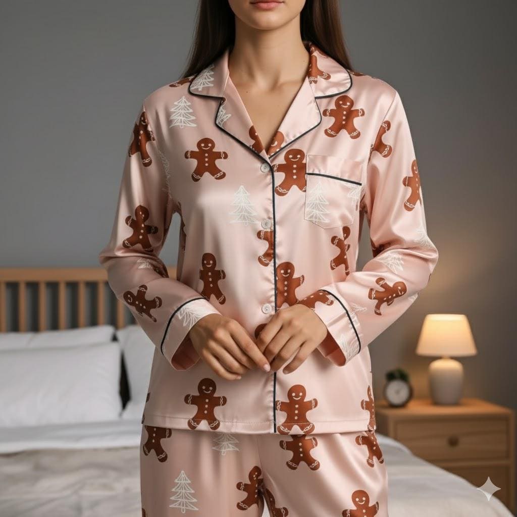 Gingerbread Satin Pajamas Set, Christmas Pajamas, Christmas Family Matching Pajamas Set, Christmas Party Pajamas, Family Matching Sleepwear
