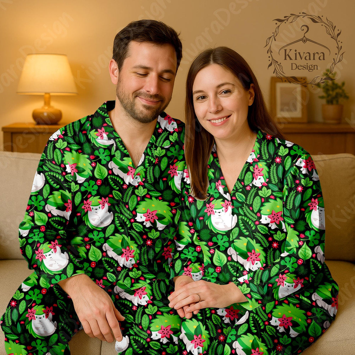 Shaymin Pajamas Set Grass Hedgehog Anime Sleep Forest Loungewear Polyester Blend Tropical Couples Pajamas Set