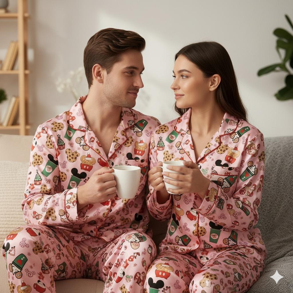 Disney Mickey Coffee Satin Pajama Set, Micky Mouse Christmas Drink Pajama, Disneyland Pjs, Disney Family Christmas Pajamas, Disney Christmas
