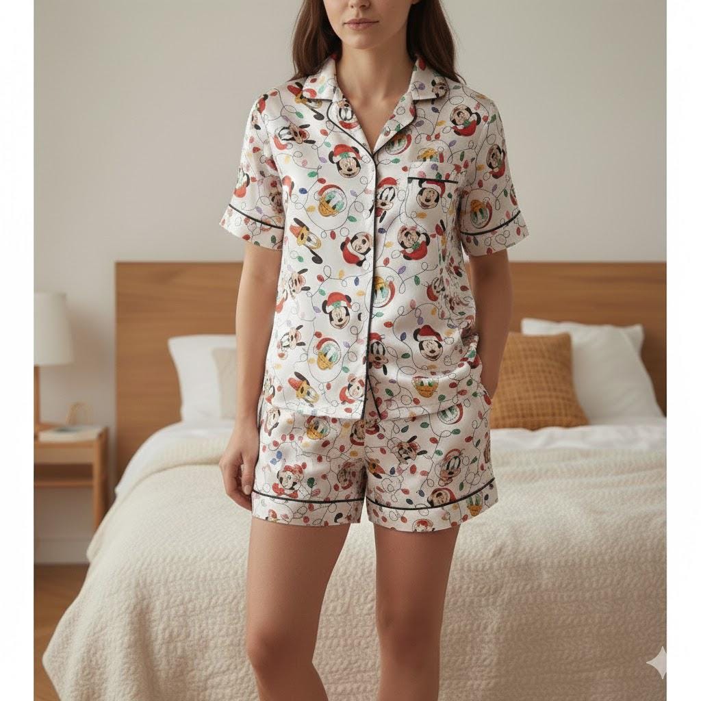 Disney Mickey and Friends Christmas Lights Satin Pajama Set, Mickey Christmas Pjs, Disneyland Pjs, Disney Family Xmas Pajama, Disney Pajamas