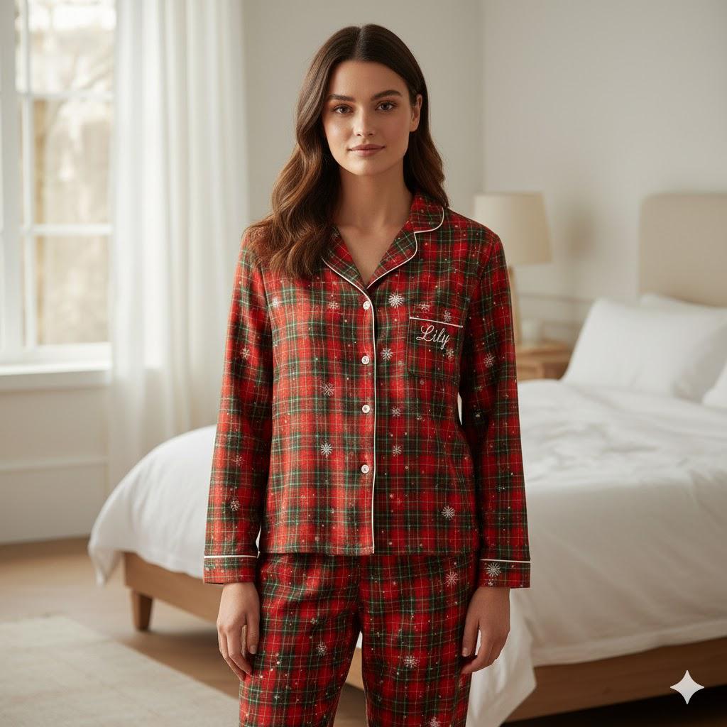 Personalized Name Family Matching Christmas Plaid Satin Pajamas Set, Family Xmas Pajamas, Family Matching Pajamas, Family Christmas Pajamas