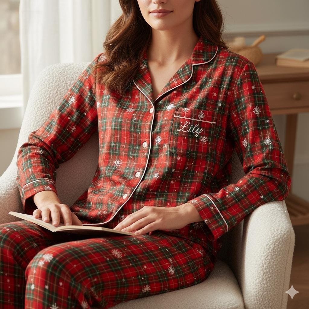 Personalized Name Family Matching Christmas Plaid Satin Pajamas Set, Family Xmas Pajamas, Family Matching Pajamas, Family Christmas Pajamas