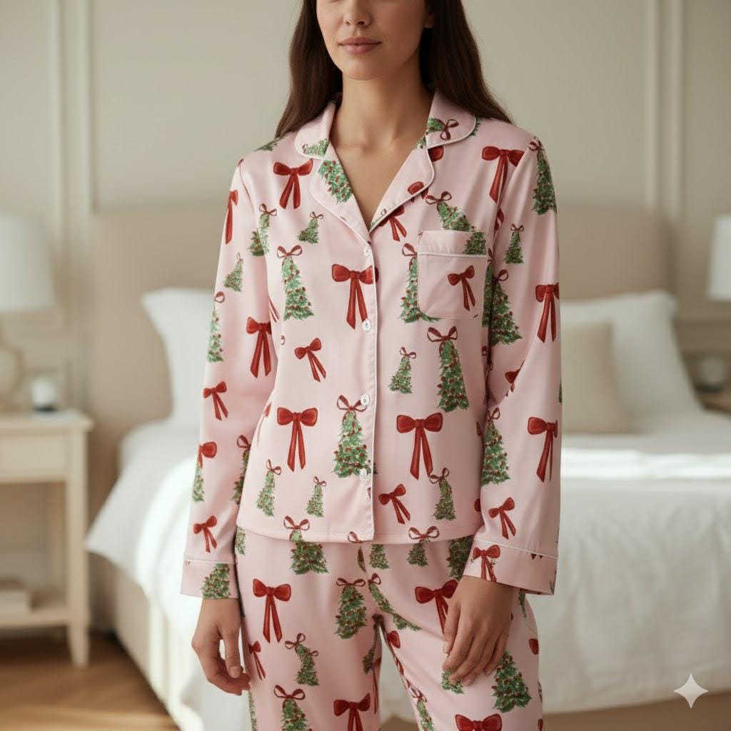 Coquette Bows Christmas Tree Satin Pajamas Set, Coquette Pajama, Cute Holiday Sleepwear, Xmas Family Matching Pjs, Festive Christmas Pajamas