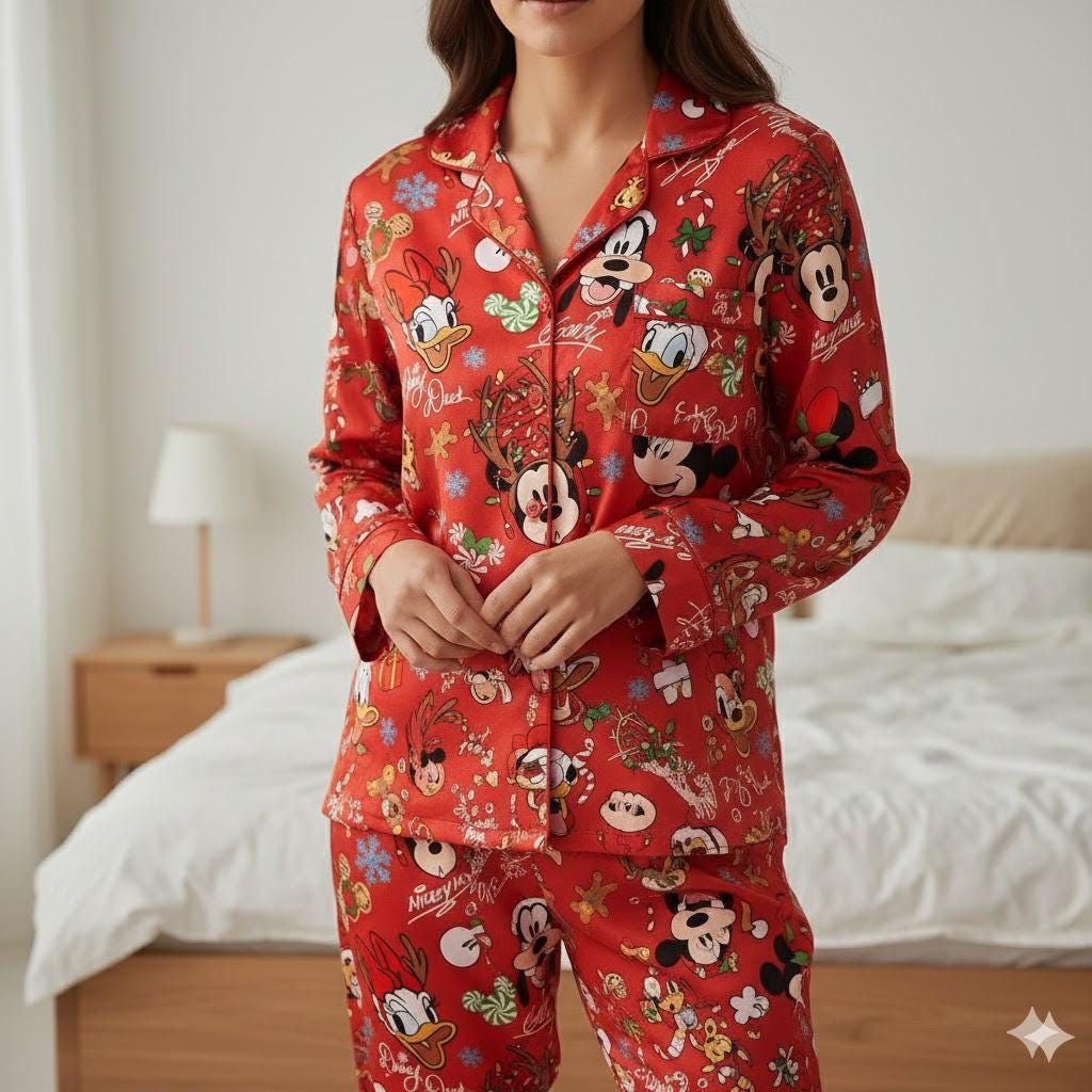 Disney Mickey and Friends Christmas Satin Pajama Set, Mickey Mouse And Friends Signature Christmas Pjs, Mickey's Very Merry Christmas Party